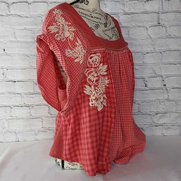 'FREE PEOPLE' 'BEĹĹA' EMBROIDED SQUARE-NECK PEASANT TOP FLUTTER-SLEEVE GINGHAM - Picture 2 of 16
